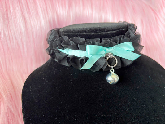 Mint Blue & Black Ruffle D-Ring Collar